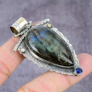 Подвеска из стерлингового серебра 925 пробы с натуральным лабрадоритом и голубым топазом 2,27 дюйма h8B38