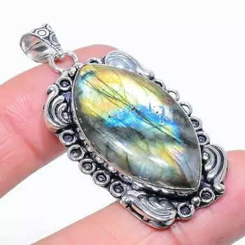 Подвеска из стерлингового серебра 925 пробы с натуральным лабрадоритом ручной работы 2,05 дюйма K5V65