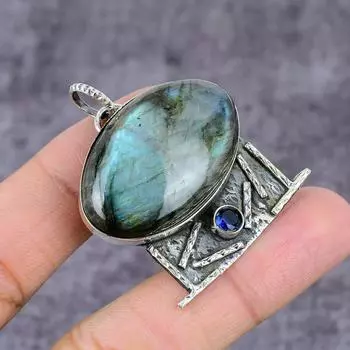 Подвеска из стерлингового серебра 925 пробы с натуральным лабрадоритом и голубым топазом 2,25 дюйма v6Z92