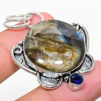 Подвеска из стерлингового серебра 925 пробы с натуральным лабрадоритом и голубым топазом 1,93 дюйма k5O90