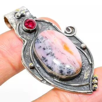 Подвеска из стерлингового серебра 925 пробы с натуральным розовым опалом и гранатом 2,09 дюйма y0O65