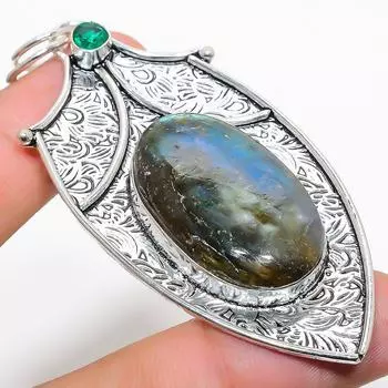 Подвеска из стерлингового серебра 925 пробы с натуральным лабрадоритом и диопсидом 3,07 дюйма c6d53