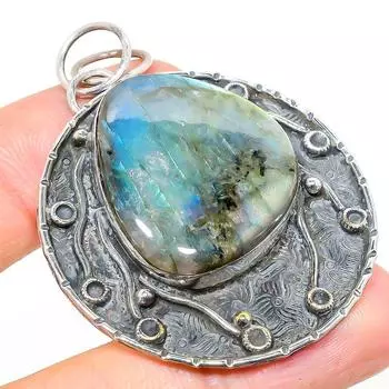 Подвеска из стерлингового серебра 925 пробы с натуральным лабрадоритом ручной работы 2,25 дюйма F9h67