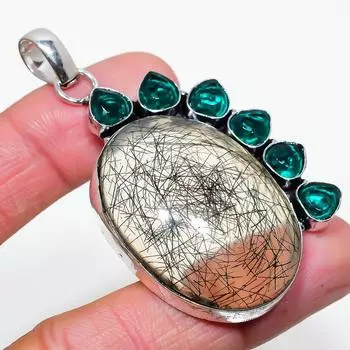 Подвеска из стерлингового серебра 925 пробы с натуральным черным рутилом и диопсидом 2,60 дюйма J8y02