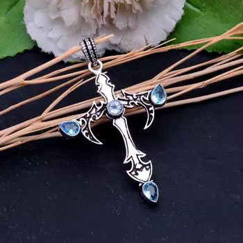 Подвеска из стерлингового серебра 925 пробы с натуральным швейцарским голубым топазом 2,50 дюйма Y7g75