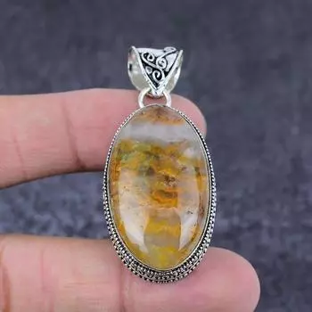 Подвеска из стерлингового серебра 925 пробы с натуральным шлейфовым агатом ручной работы 2,17 дюйма H1r31