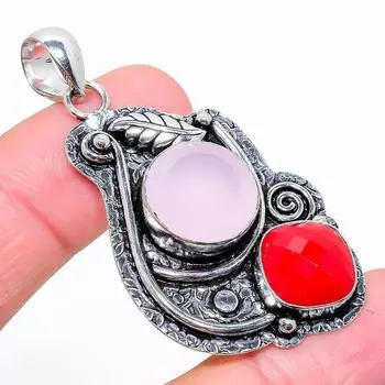 Подвеска из стерлингового серебра 925 пробы с натуральным итальянским красным кораллом и халцедоном 2,21 дюйма S4J54