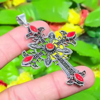 Подвеска из стерлингового серебра 925 пробы с натуральным крестом - итальянский красный коралл, 2,68 дюйма, I7z51