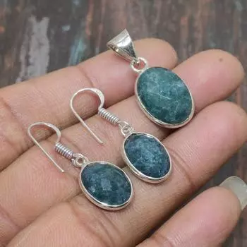 Подвеска из стерлингового серебра 925 пробы с изумрудом и драгоценным камнем ручной работы + серьги, комплект ювелирных изделий зелёный