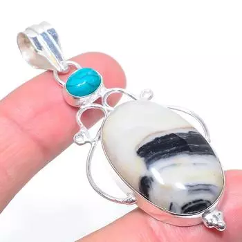 Подвеска из стерлингового серебра 925 пробы с натуральной зебровой яшмой и бирюзой, 2,76 дюйма V5D07