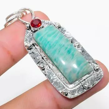 Подвеска из стерлингового серебра 925 пробы с натуральным амазонитом и гранатом 2,36 дюйма O4o37