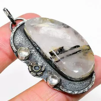 Подвеска из стерлингового серебра 925 пробы с натуральным черным рутилом и топазом 2,48 дюйма O6S37