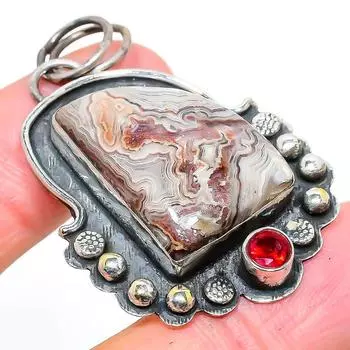 Подвеска из стерлингового серебра 925 пробы с натуральным кружевным агатом и гранатом, 2,09 дюйма b4A59