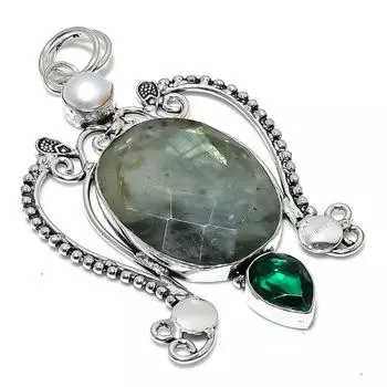 Подвеска из стерлингового серебра 925 пробы с натуральным лабрадоритом и жемчугом 3,39 дюйма B9t74