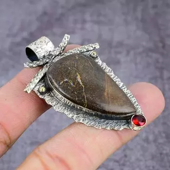 Подвеска из стерлингового серебра 925 пробы с натуральным болдер-опалом и гранатом ручной работы 2,22 дюйма P9H85