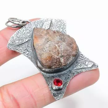 Подвеска из стерлингового серебра 925 пробы с натуральным солнечным камнем, грубым гранатом, 2,56 дюйма k4U15