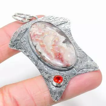 Подвеска из стерлингового серебра 925 пробы с натуральным кружевным агатом и гранатом 2,68 дюйма f7L22