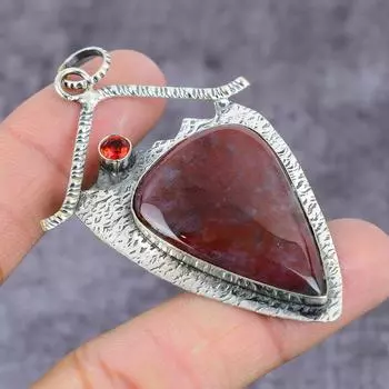 Подвеска из стерлингового серебра 925 пробы с натуральным обсидианом красного дерева и гранатом 2,22 дюйма L7u78