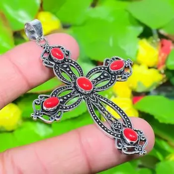 Подвеска из стерлингового серебра 925 пробы с натуральным крестом - итальянский красный коралл, 2,68 дюйма, T1K05