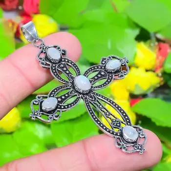 Подвеска из стерлингового серебра 925 пробы с натуральным крестом и радужным лунным камнем 2,68 дюйма c8V95