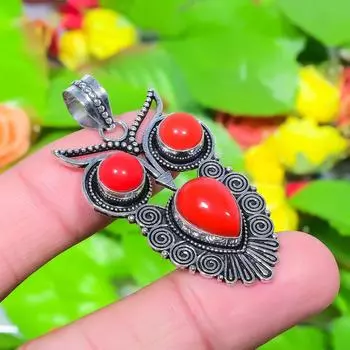 Подвеска из стерлингового серебра 925 пробы с натуральным красным кораллом, итальянский красный коралл, размер 1,97 дюйма, N5c64