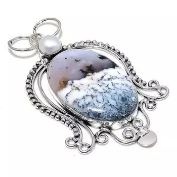 Подвеска из стерлингового серебра 925 пробы с натуральным дендритовым опалом и жемчугом 3,35 дюйма f4I82