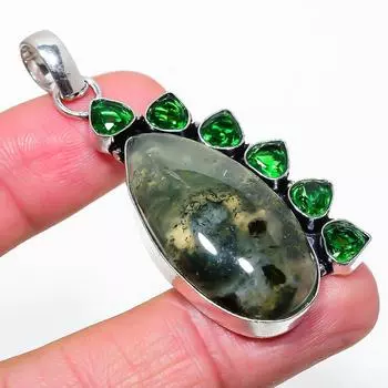 Подвеска из стерлингового серебра 925 пробы с натуральным пренитом и диопсидом 2,44 дюйма y2N47