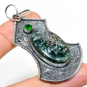 Подвеска из стерлингового серебра 925 пробы с натуральным серафинитом и диопсидом 2,72 дюйма G0i95