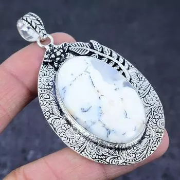 Подвеска из стерлингового серебра 925 пробы с натуральным дендритовым опалом ручной работы 2,96 дюйма J8Q87