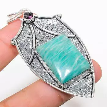 Подвеска из стерлингового серебра 925 пробы с натуральным амазонитом и аметистом 2,92 дюйма Q9I81