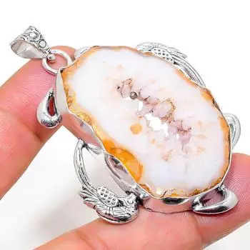 Подвеска из стерлингового серебра 925 пробы с натуральным агатом и жеодой размером 2,56 дюйма P8q76