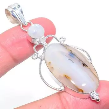 Подвеска из стерлингового серебра 925 пробы с натуральным агатом Монтана и лунным камнем 2,84 дюйма G4G91