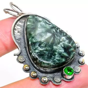 Подвеска из стерлингового серебра 925 пробы с натуральным серафинитом и перидотом 2,36 дюйма a7E09