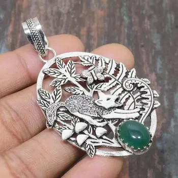 Подвеска из стерлингового серебра 925 пробы с зеленым ониксом и драгоценным камнем ручной работы для женщин 2.56 Inches зелёный