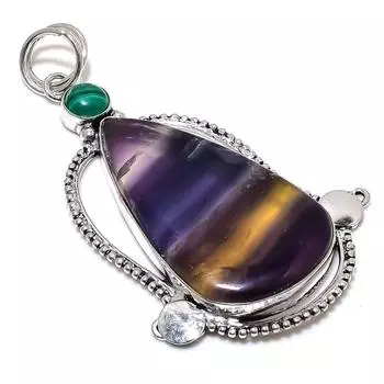 Подвеска из стерлингового серебра 925 пробы с натуральным флюоритом и малахитом, 3,15 дюйма, w4c25