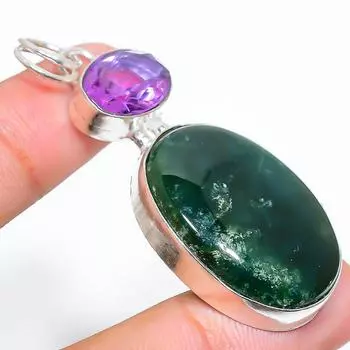 Подвеска из стерлингового серебра 925 пробы с натуральным индийским моховым агатом и турмалином 2,21 дюйма p2k71