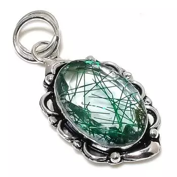 Подвеска из стерлингового серебра 925 пробы с натуральным зеленым рутилом ручной работы 2,17 дюйма d3Q46