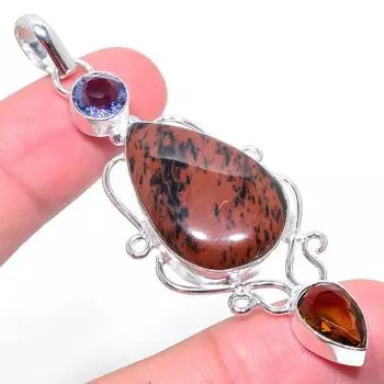 Подвеска из стерлингового серебра 925 пробы с натуральным обсидианом красного дерева и топазом 2,92 дюйма y3S81