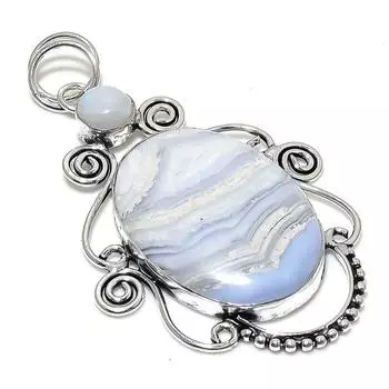 Подвеска из стерлингового серебра 925 пробы с натуральным синим кружевным агатом и лунным камнем, 3,15 дюйма, E1E76
