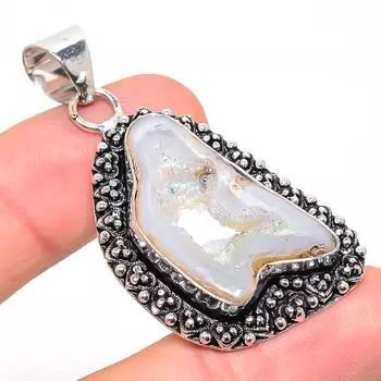 Подвеска из стерлингового серебра 925 пробы с натуральным агатом и жеодой, размер 2,05 дюйма, R4j22