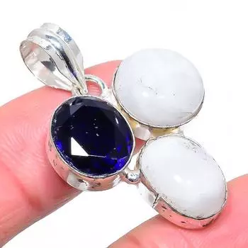 Подвеска из стерлингового серебра 925 пробы с натуральным радужным лунным камнем и голубым топазом 1,58 дюйма W9u67