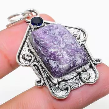 Подвеска из стерлингового серебра 925 пробы с натуральным лепидолитом и голубым топазом 2,17 дюйма R9Z61