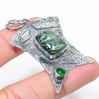 Подвеска из стерлингового серебра 925 пробы с натуральным серафинитом и перидотом 2,44 дюйма P9F86