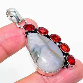 Подвеска из стерлингового серебра 925 пробы с натуральным древовидным агатом и гранатом 2,25 дюйма R9m99