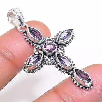 Подвеска из стерлингового серебра 925 пробы с натуральным аметистом 1,89 дюйма Y5V43