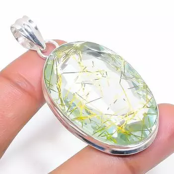 Подвеска из стерлингового серебра 925 пробы с золотым рутилом ручной работы 2,29 дюйма Q3h98