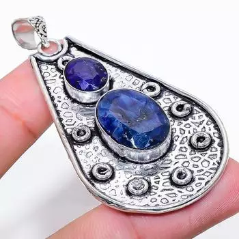 Подвеска из стерлингового серебра 925 пробы с натуральным драгоценным камнем сапфиром 2,56 дюйма i3A16