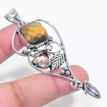 Подвеска из стерлингового серебра 925 пробы с натуральным тигровым глазом и аметистом, 3,07 дюйма V4N23