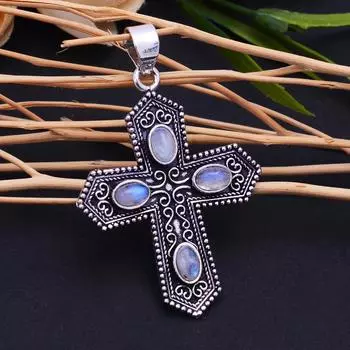 Подвеска из стерлингового серебра 925 пробы с натуральным радужным лунным камнем ручной работы 3 дюйма k6S21