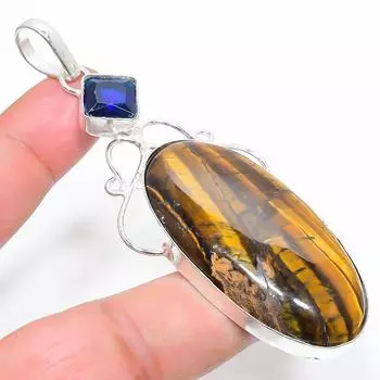Подвеска из стерлингового серебра 925 пробы с натуральным тигровым глазом и голубым топазом 3,47 дюйма I8H75